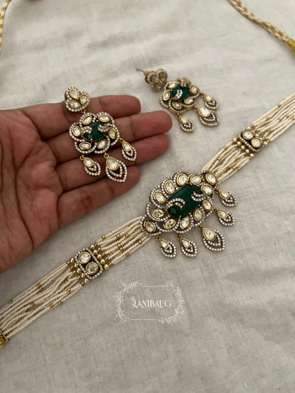 Siddhi Emerald Stone Royal Mossainite Polki Seed Pearl Strand Choker Jewellery Set By Ranibaug