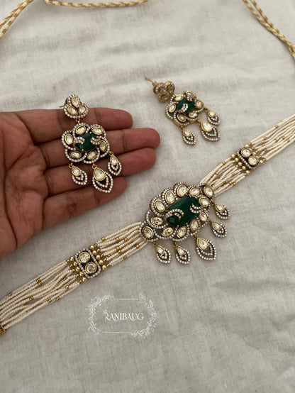 Siddhi Emerald Stone Royal Mossainite Polki Seed Pearl Strand Choker Jewellery Set By Ranibaug