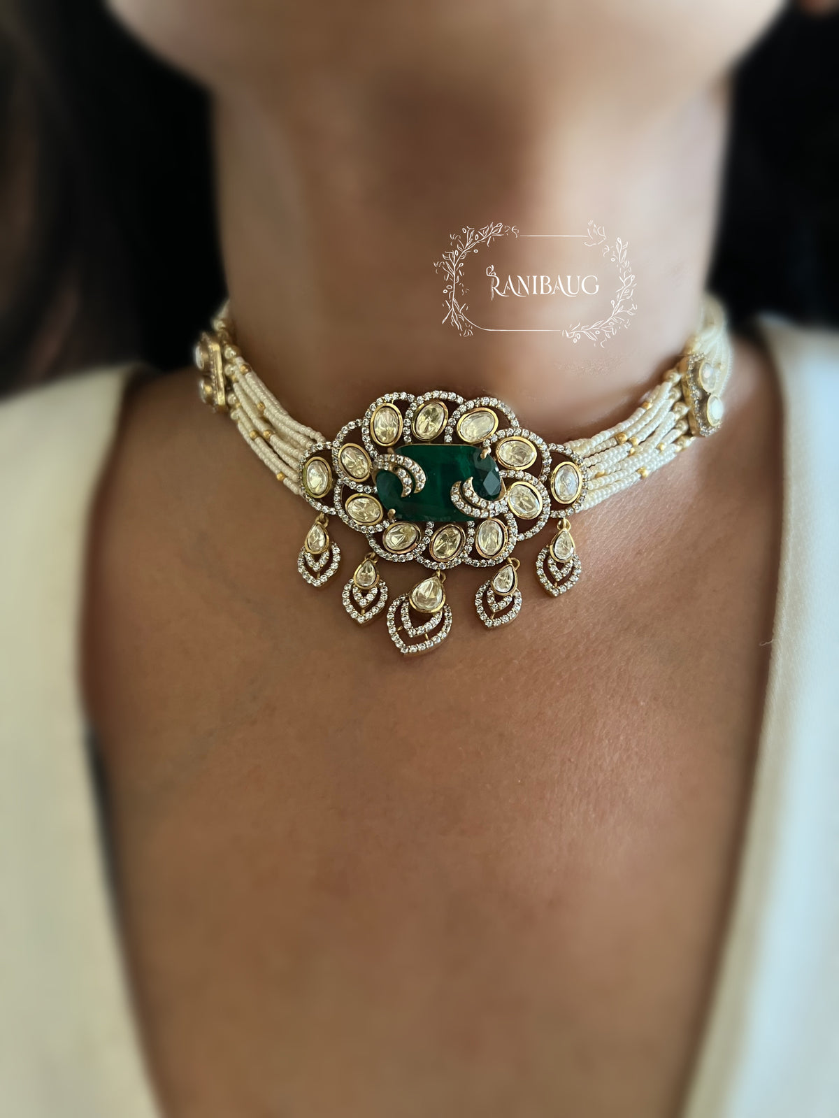 Siddhi Emerald Stone Royal Mossainite Polki Seed Pearl Strand Choker Jewellery Set By Ranibaug