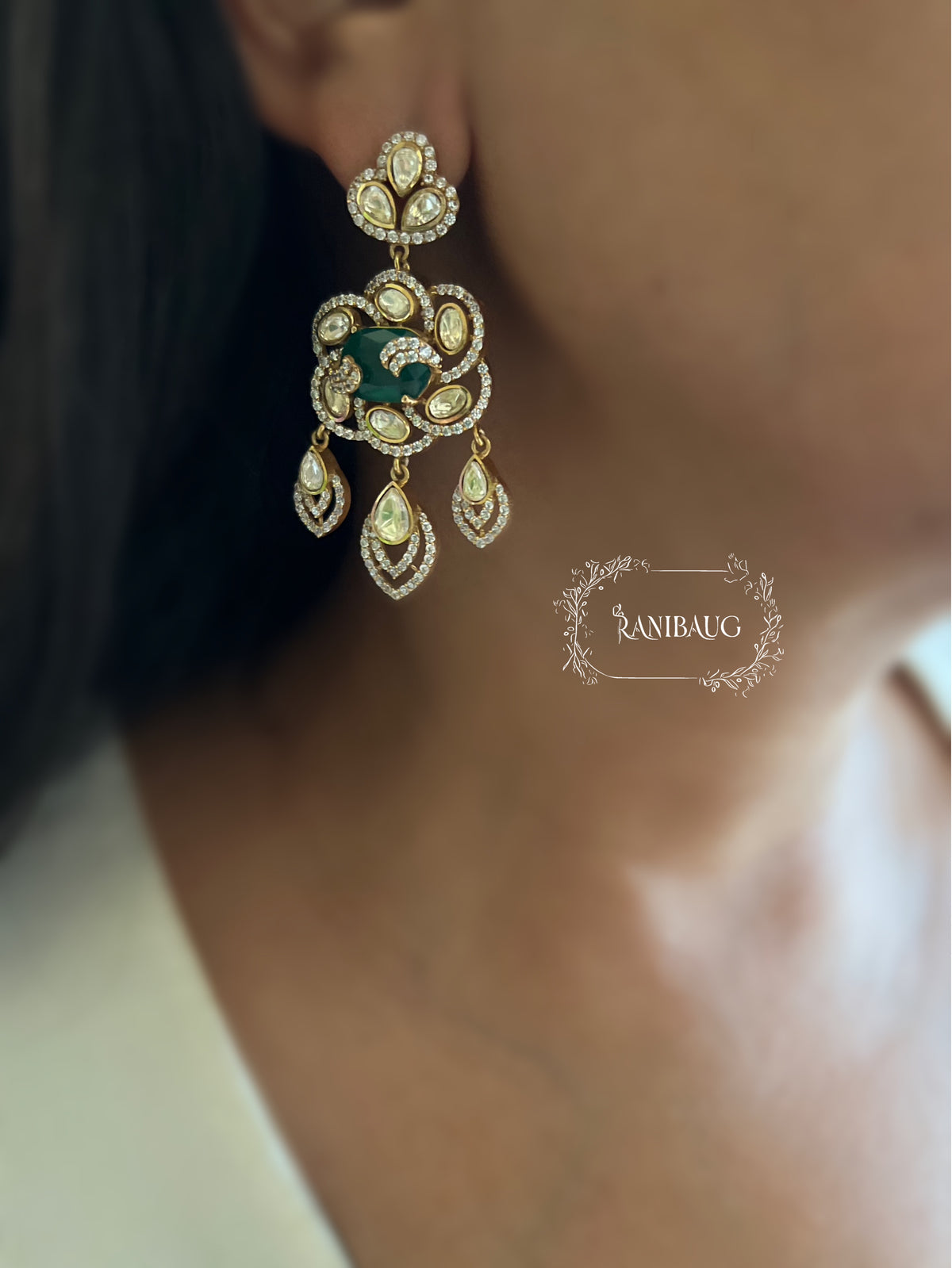 Siddhi Emerald Stone Royal Mossainite Polki Seed Pearl Strand Choker Jewellery Set By Ranibaug