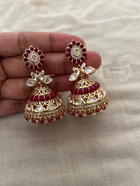 Simar Bird Motif Polki And Enamel Dangling Jhumkas In Rich Gold Finish By Ranibaug