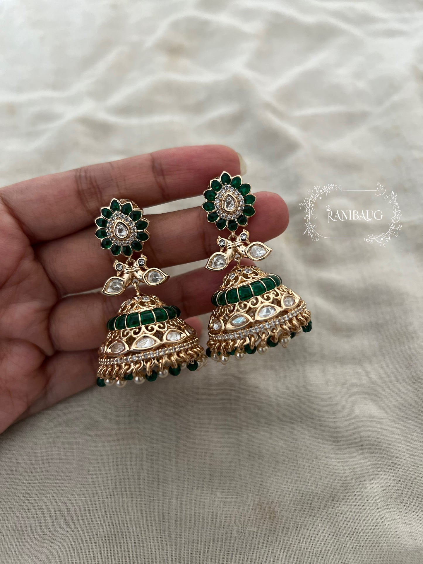 Simar Bird Motif Polki And Enamel Dangling Jhumkas In Rich Gold Finish By Ranibaug