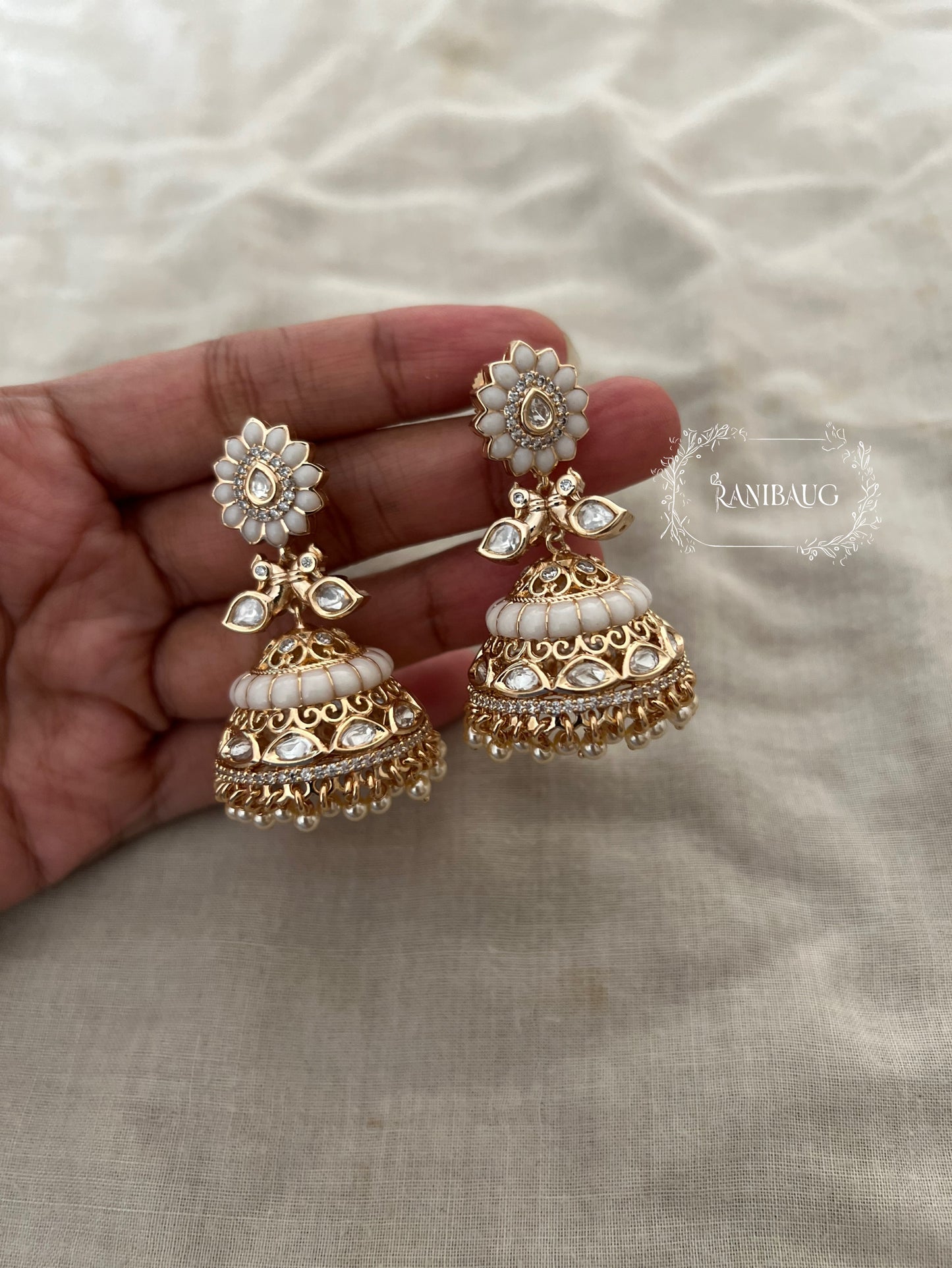 Simar Bird Motif Polki And Enamel Dangling Jhumkas In Rich Gold Finish By Ranibaug