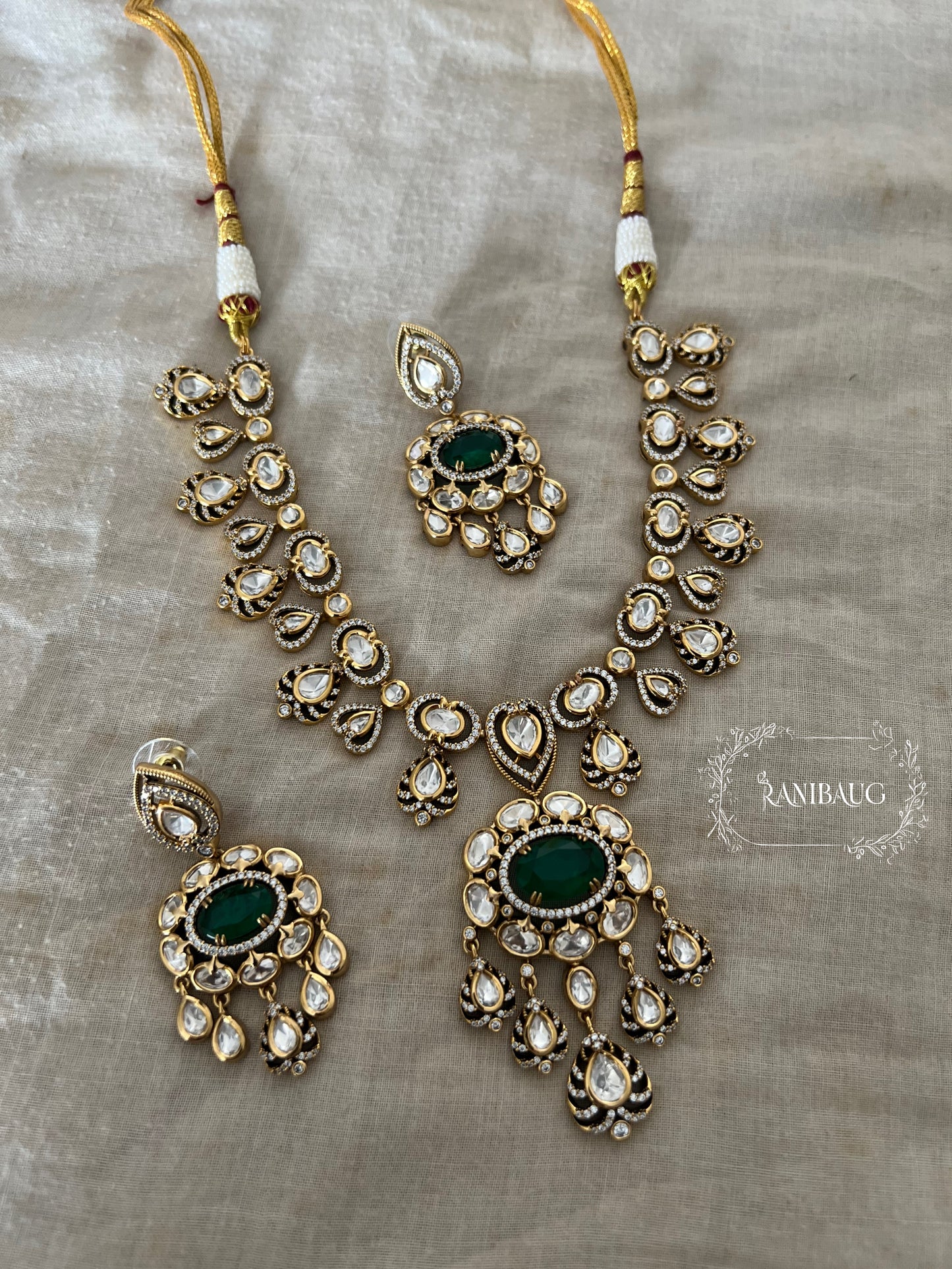 Sita Gold Finish Polki Kundan Studded With Polki Danglers Designer Necklace Set By Ranibaug