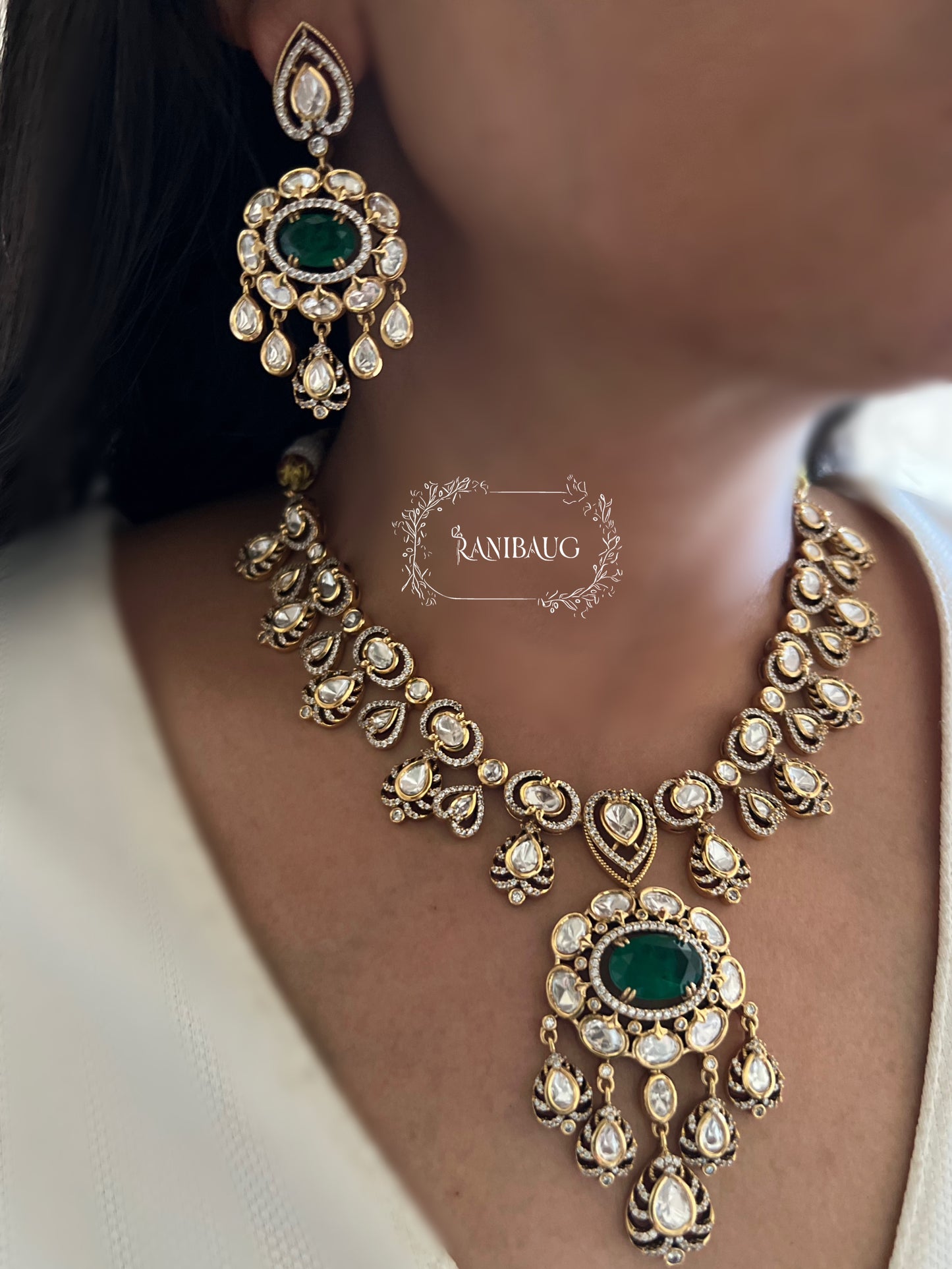 Sita Gold Finish Polki Kundan Studded With Polki Danglers Designer Necklace Set By Ranibaug