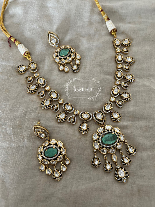 Sita Gold Finish Polki Kundan Studded With Polki Danglers Designer Necklace Set By Ranibaug