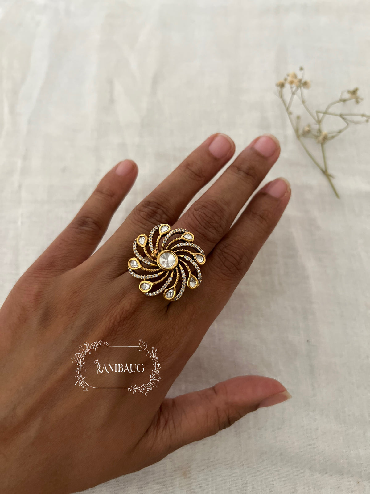 Sitara Star Motif Polki Gold Finish Classic Ring By Ranibaug