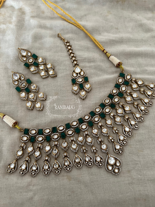 Siya Royal Green Cascade Victorian Polki Bridal Necklace Jewellery Set By Ranibaug