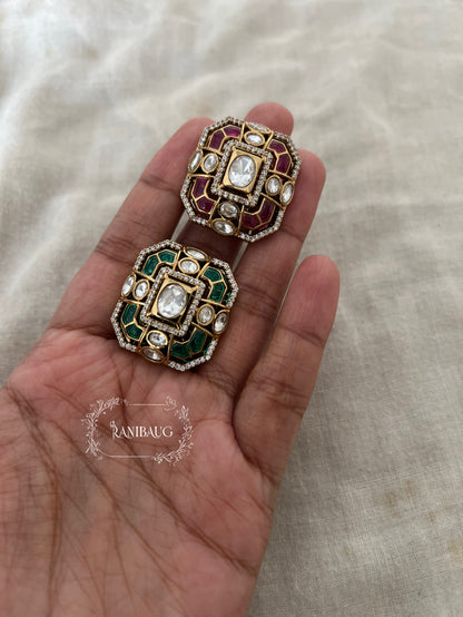 Siya Square Traditional Polki Enamel Gold Plated Festive Ring By Ranibaug