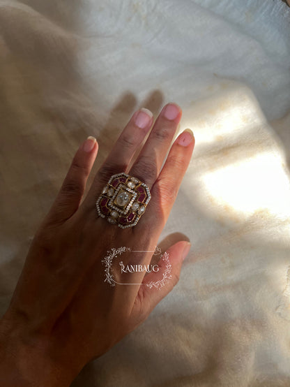 Siya Square Traditional Polki Enamel Gold Plated Festive Ring By Ranibaug