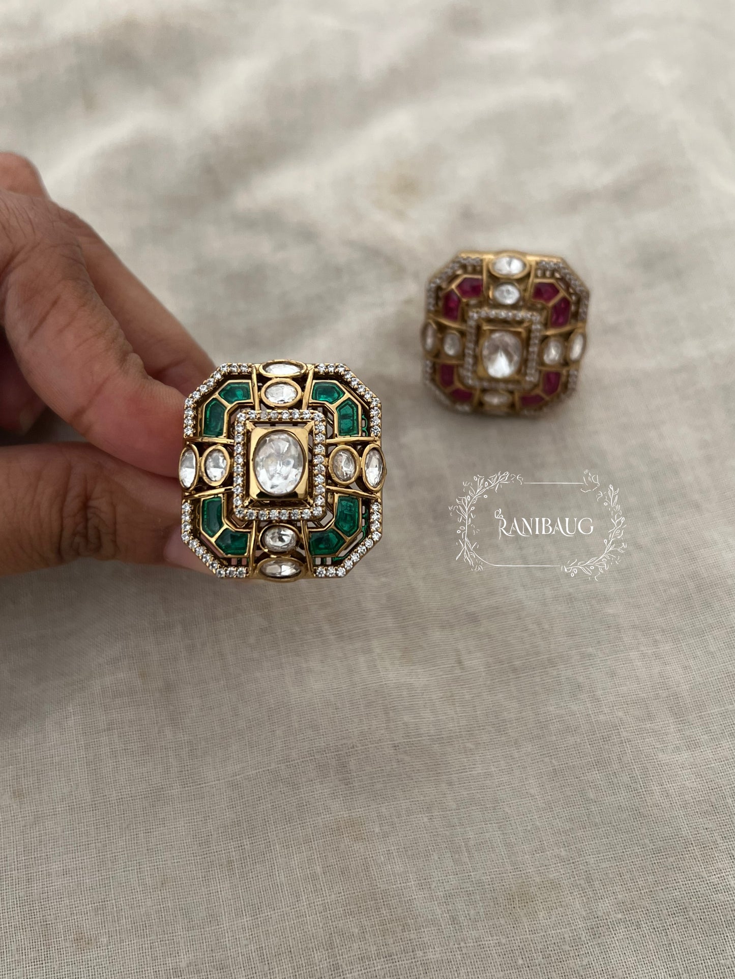 Siya Square Traditional Polki Enamel Gold Plated Festive Ring By Ranibaug