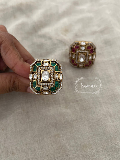 Siya Square Traditional Polki Enamel Gold Plated Festive Ring By Ranibaug