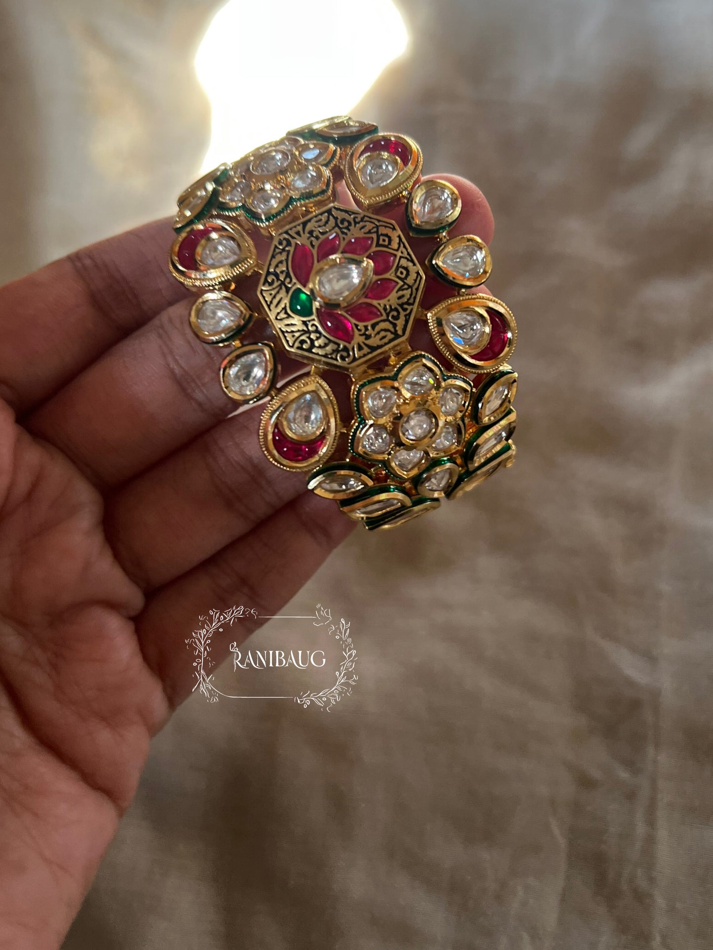 Slesha Kundan Flower Bloom Gold Finish Meenakari Emerald Ruby Accent Traditional Bracelet By Ranibaug
