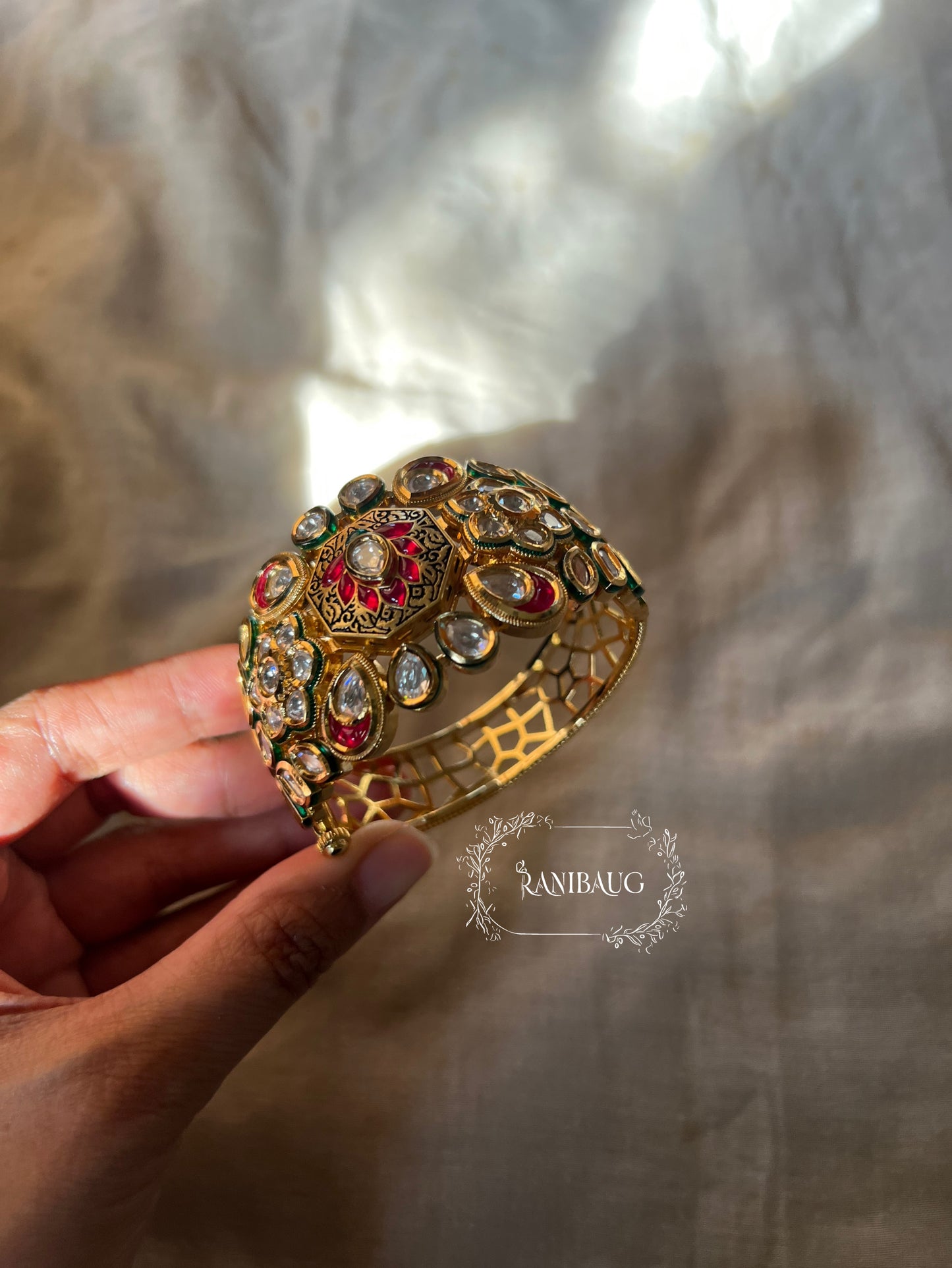 Slesha Kundan Flower Bloom Gold Finish Meenakari Emerald Ruby Accent Traditional Bracelet By Ranibaug