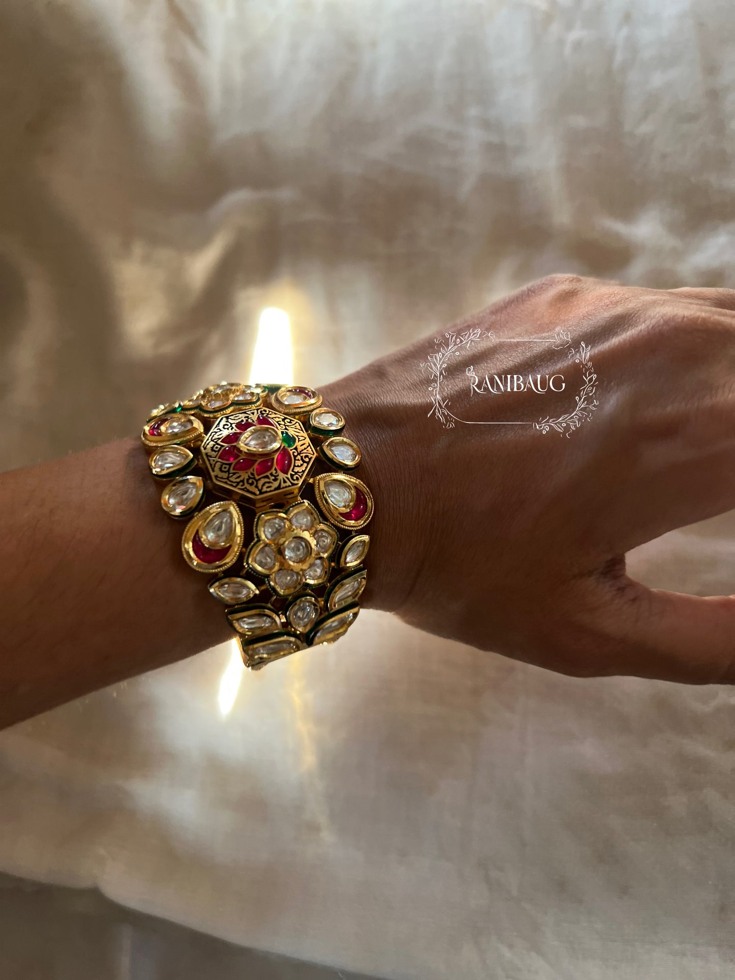 Slesha Kundan Flower Bloom Gold Finish Meenakari Emerald Ruby Accent Traditional Bracelet By Ranibaug