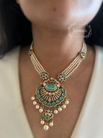 Slesha Pearl And Polki Long Indian Necklace Set Featuring Emerald Stone In Rich Gold Finish By Ranibaug | Usa Canada Uae Uk Wedding Collection 2025 2026