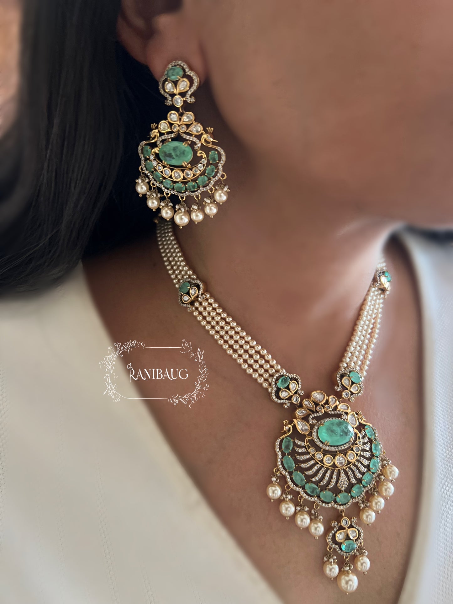 Slesha Pearl And Polki Long Indian Necklace Set Featuring Emerald Stone In Rich Gold Finish By Ranibaug | Usa Canada Uae Uk Wedding Collection 2025 2026