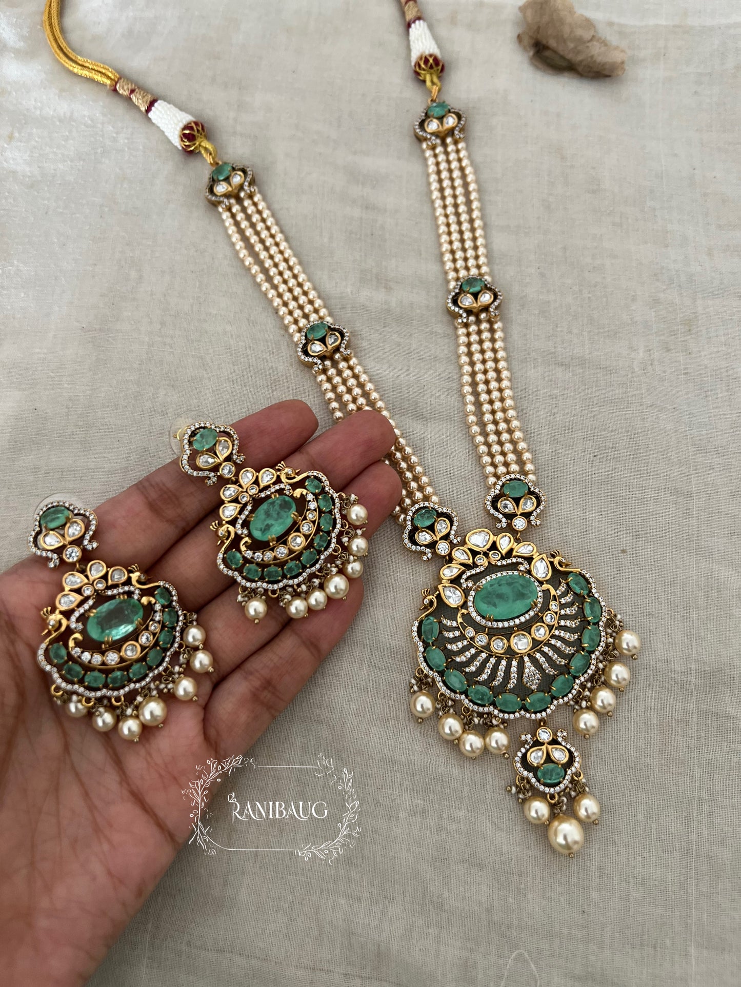 Slesha Pearl And Polki Long Indian Necklace Set Featuring Emerald Stone In Rich Gold Finish By Ranibaug | Usa Canada Uae Uk Wedding Collection 2025 2026