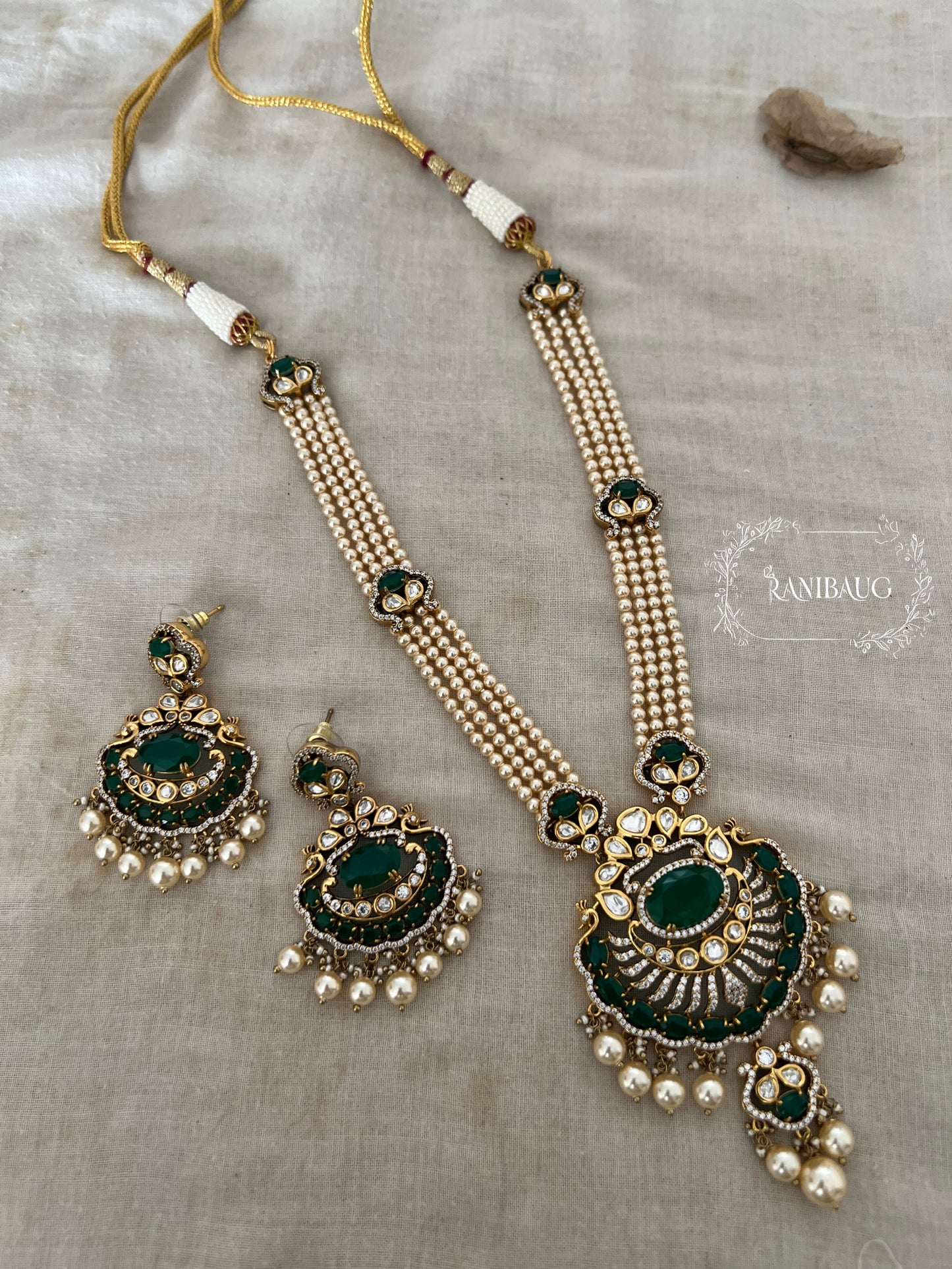 Slesha Pearl And Polki Long Indian Necklace Set Featuring Emerald Stone In Rich Gold Finish By Ranibaug | Usa Canada Uae Uk Wedding Collection 2025 2026