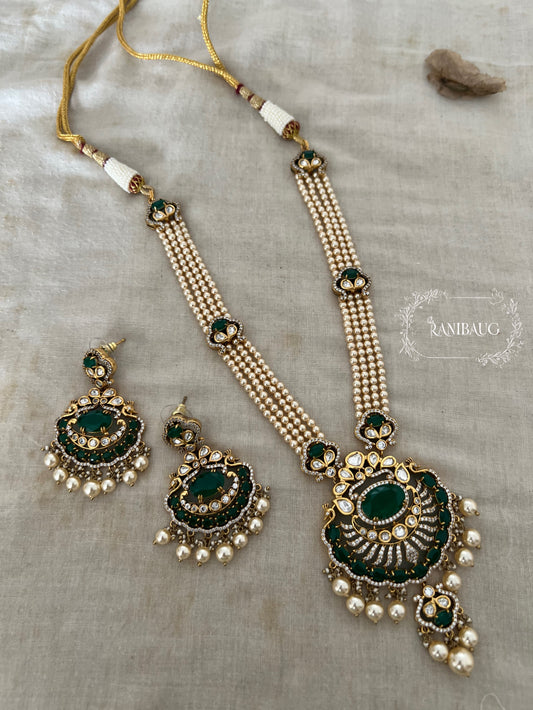 Slesha Pearl And Polki Long Indian Necklace Set Featuring Emerald Stone In Rich Gold Finish By Ranibaug | Usa Canada Uae Uk Wedding Collection 2025 2026