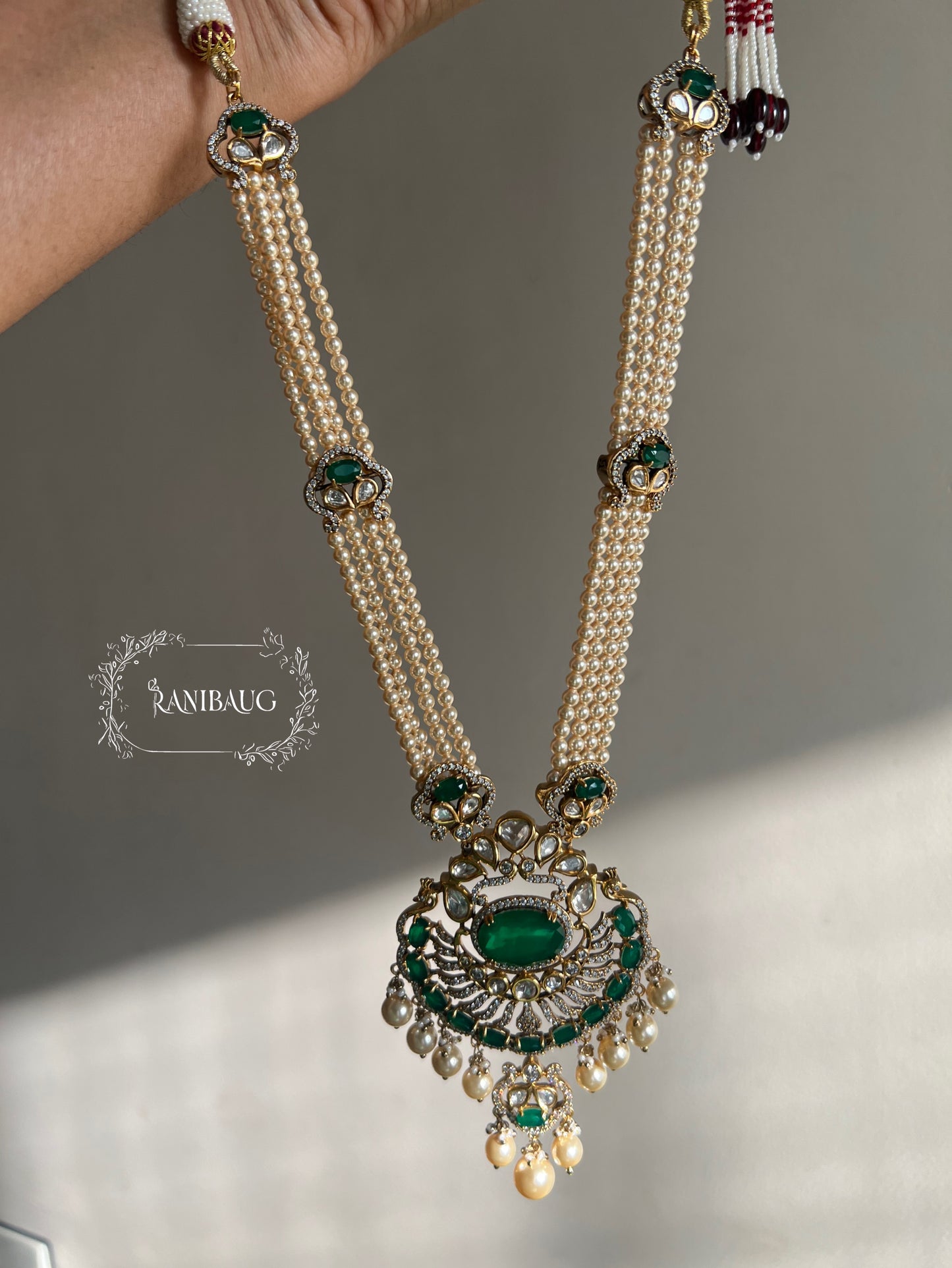 Slesha Pearl And Polki Long Indian Necklace Set Featuring Emerald Stone In Rich Gold Finish By Ranibaug | Usa Canada Uae Uk Wedding Collection 2025 2026