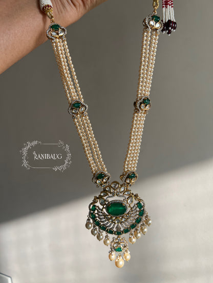 Slesha Pearl And Polki Long Indian Necklace Set Featuring Emerald Stone In Rich Gold Finish By Ranibaug | Usa Canada Uae Uk Wedding Collection 2025 2026