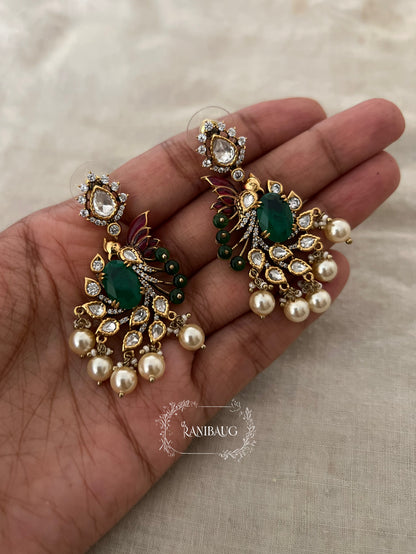 Smiti Emerald Polki Gold Finish Pearl Adorned Bird Motif Festive Earrings Jewelry By Ranibaug