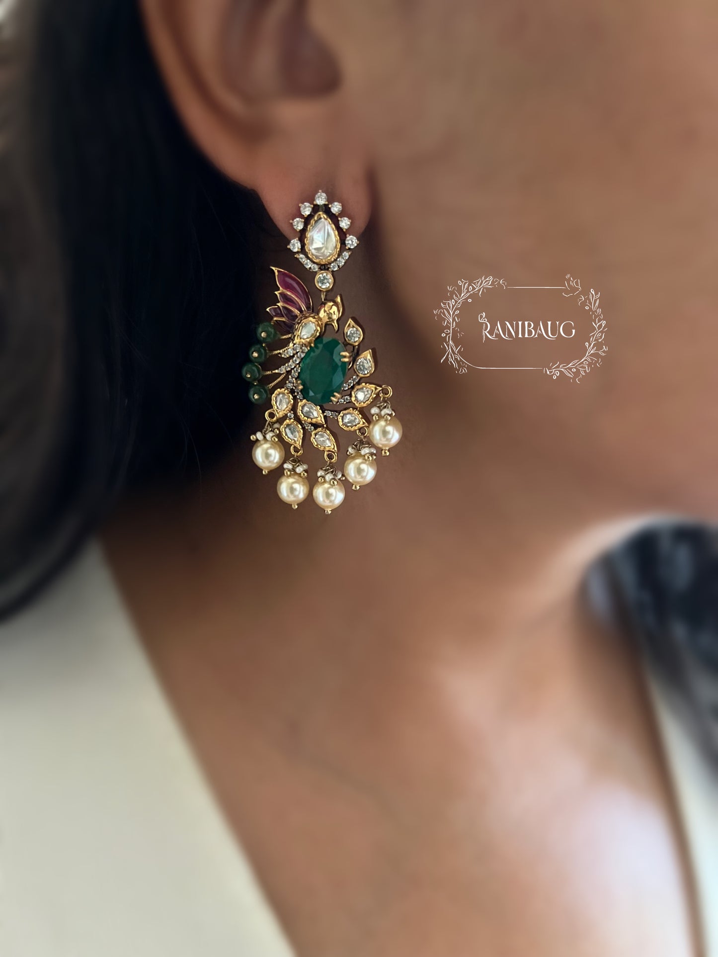 Smiti Emerald Polki Gold Finish Pearl Adorned Bird Motif Festive Earrings Jewelry By Ranibaug