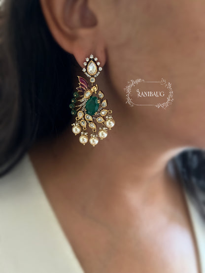 Smiti Emerald Polki Gold Finish Pearl Adorned Bird Motif Festive Earrings Jewelry By Ranibaug