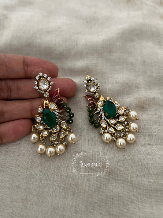 Smiti Emerald Polki Gold Finish Pearl Adorned Bird Motif Festive Earrings Jewelry By Ranibaug