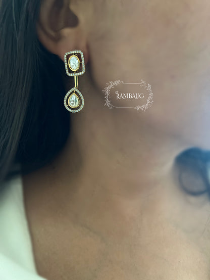 Smiti Polki Kundan Rectangular And Teardrop Gold Stud Earrings By Ranibaug