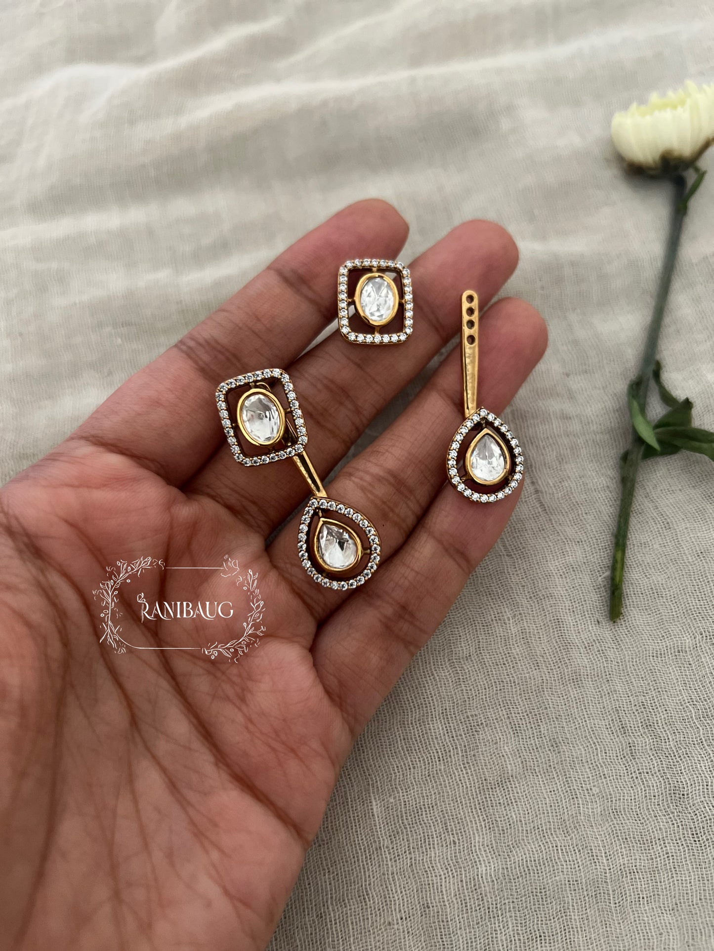 Smiti Polki Kundan Rectangular And Teardrop Gold Stud Earrings By Ranibaug