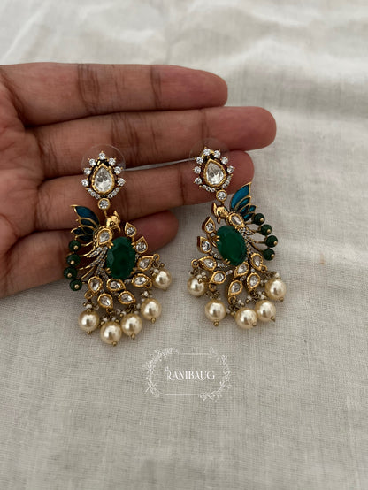 Smiti Emerald Polki Gold Finish Pearl Adorned Bird Motif Festive Earrings Jewelry By Ranibaug
