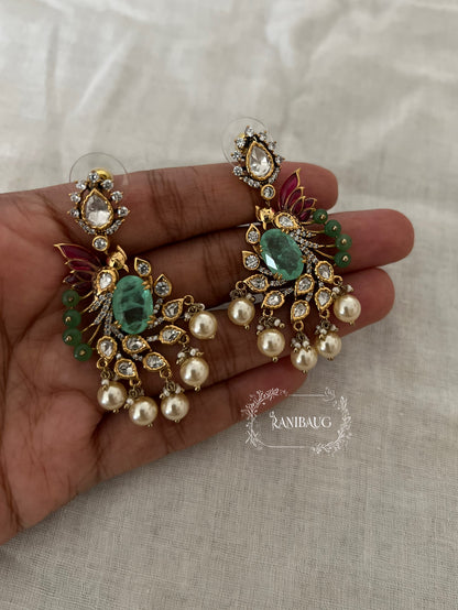 Smiti Emerald Polki Gold Finish Pearl Adorned Bird Motif Festive Earrings Jewelry By Ranibaug