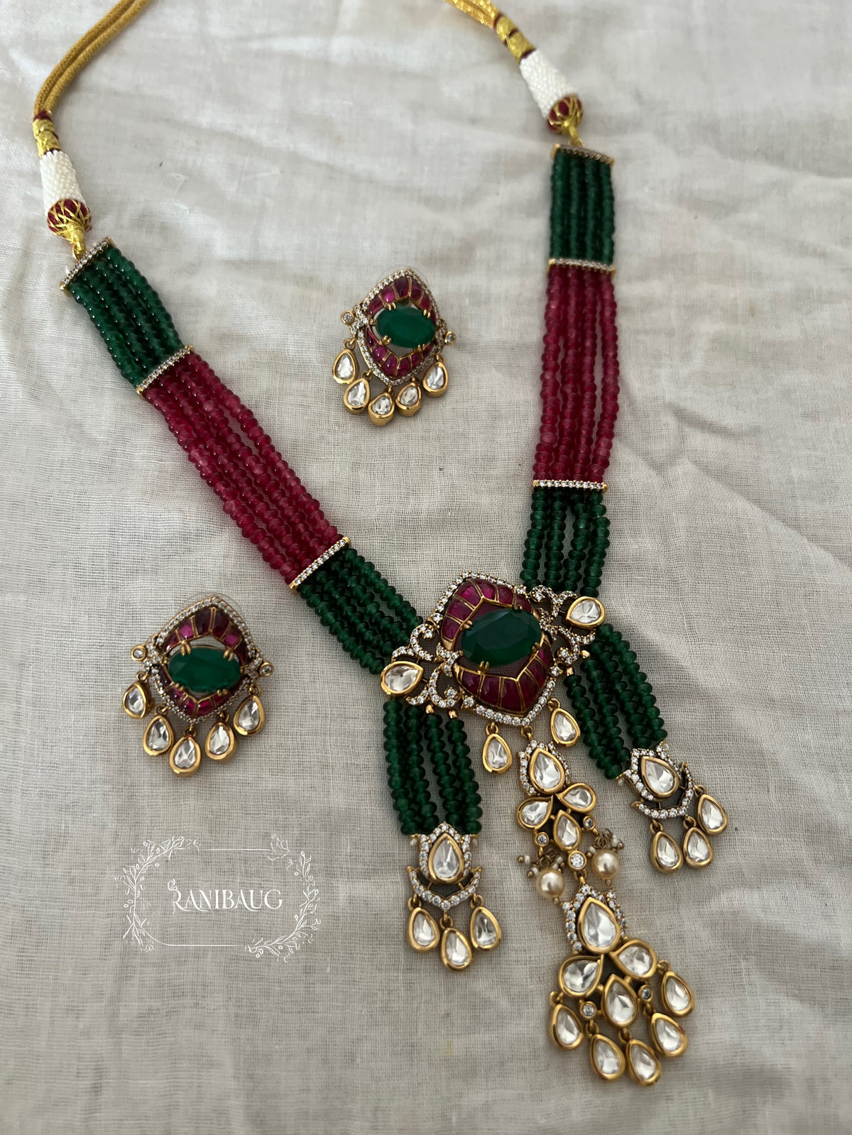 Smriti Beadwork Teardrop Polki Adorned Gold Finish Necklace Jewellery Set By Ranibaug
