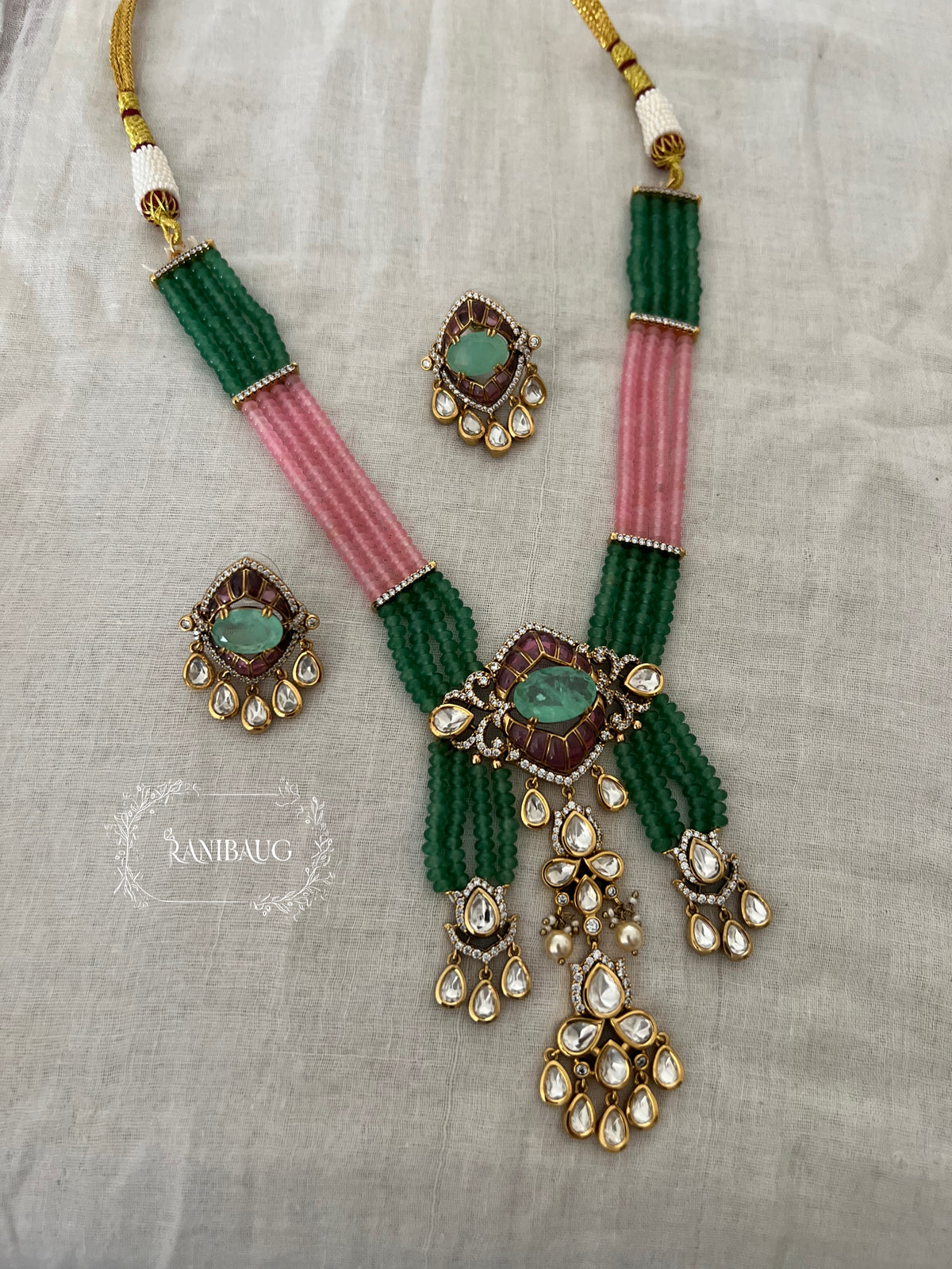 Smriti Beadwork Teardrop Polki Adorned Gold Finish Necklace Jewellery Set By Ranibaug