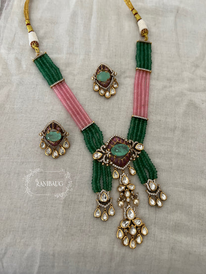 Smriti Beadwork Teardrop Polki Adorned Gold Finish Necklace Jewellery Set By Ranibaug