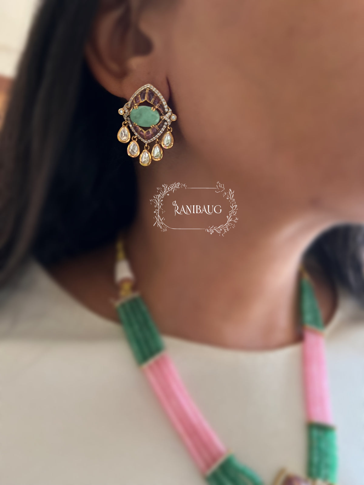 Smriti Beadwork Teardrop Polki Adorned Gold Finish Necklace Jewellery Set By Ranibaug