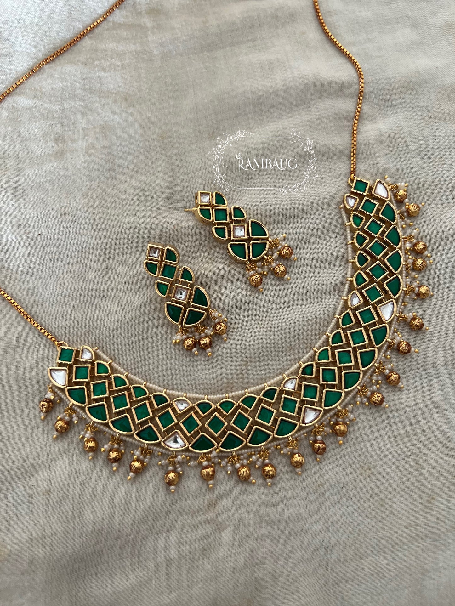 Smriti Emerald And Ruby Heritage Necklace Set In Rich Gold Plating By Ranibaug | Traditional South Indian Temple Jewellery For Women