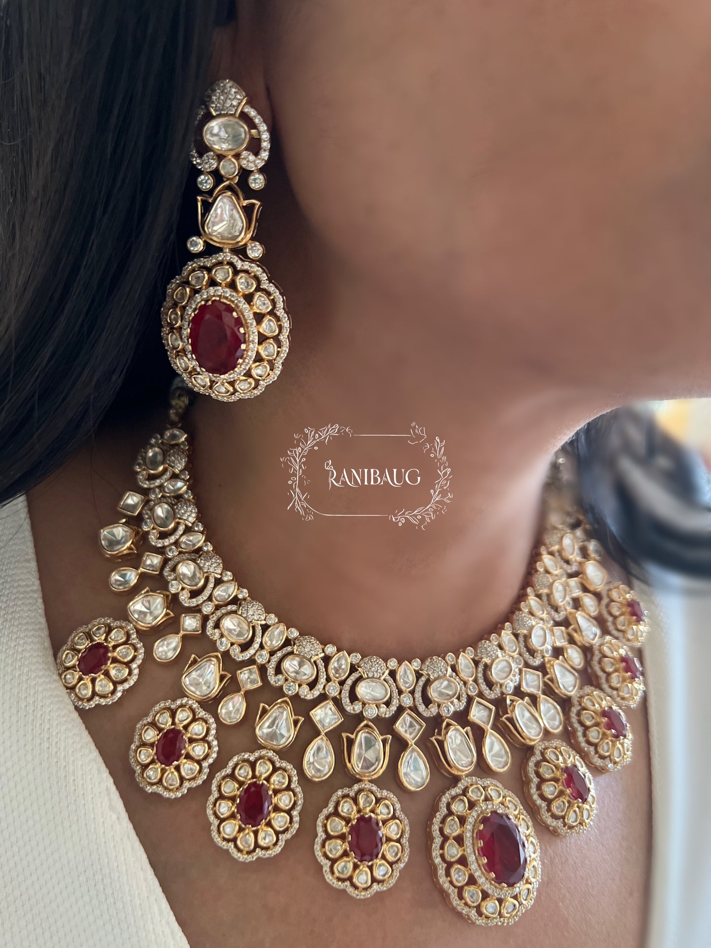 Snighda Mossainite Heavy Necklace Set In Rich Gold Plating Royal Look Bridal Jewellery Set By Ranibaug