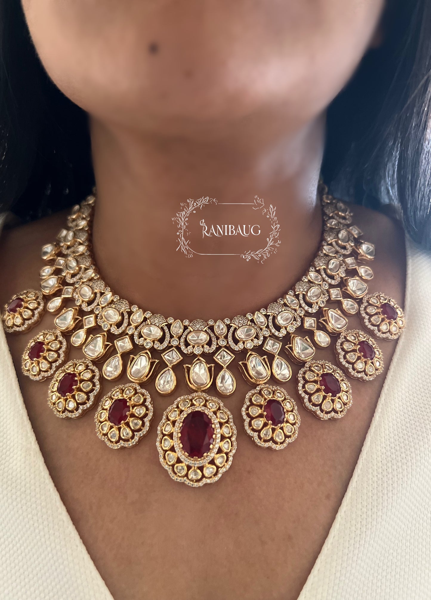 Snighda Mossainite Heavy Necklace Set In Rich Gold Plating Royal Look Bridal Jewellery Set By Ranibaug