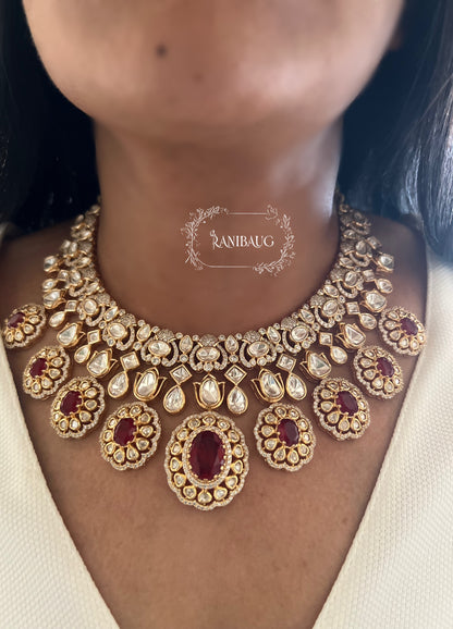 Snighda Mossainite Heavy Necklace Set In Rich Gold Plating Royal Look Bridal Jewellery Set By Ranibaug