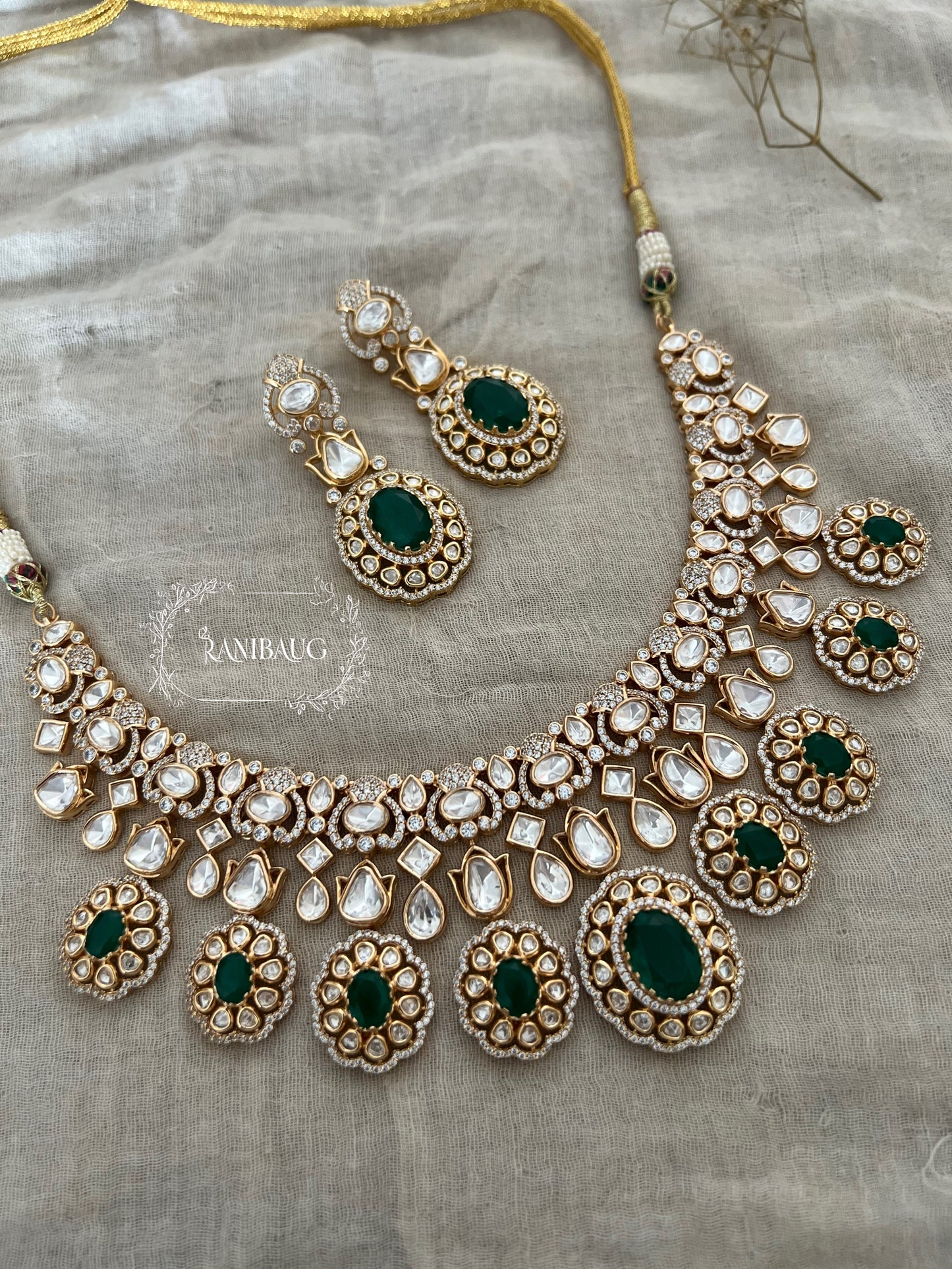 Snighda Mossainite Heavy Necklace Set In Rich Gold Plating Royal Look Bridal Jewellery Set By Ranibaug