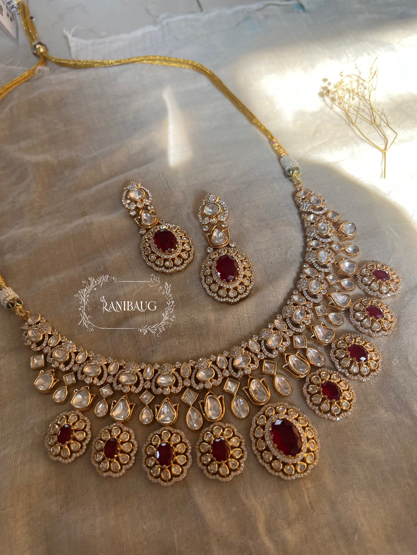 Snighda Mossainite Heavy Necklace Set In Rich Gold Plating Royal Look Bridal Jewellery Set By Ranibaug