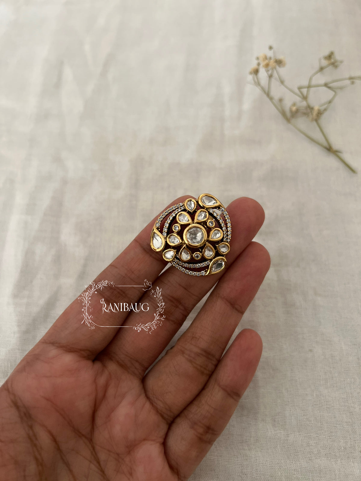 Somya Polki Gold Finish Designer Festive Ring Jewelry By Ranibaug