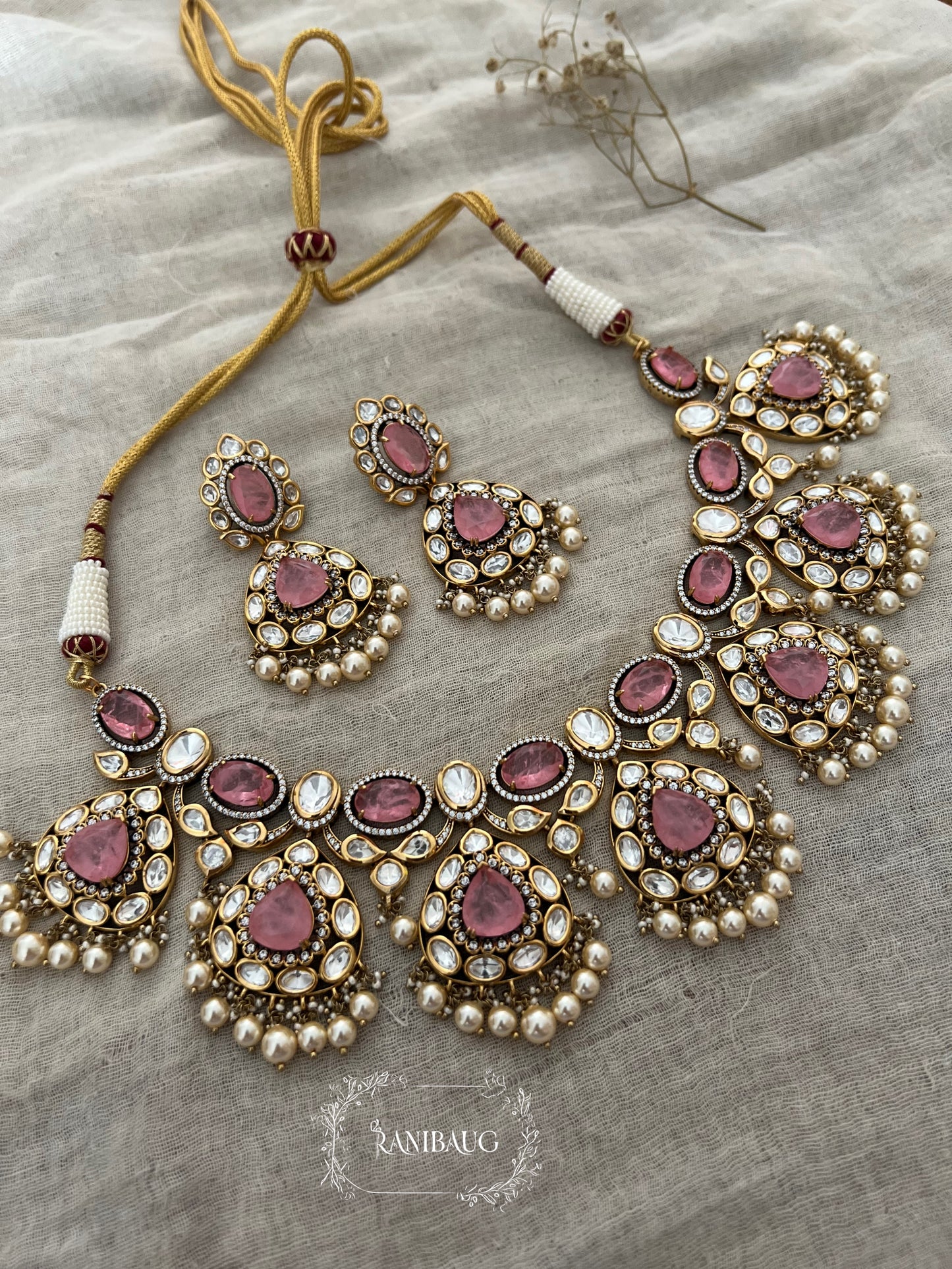 Sonakshi Bridal Royal Polki And Gemstone Jewelry Set With Pearl Fringes By Ranibaug