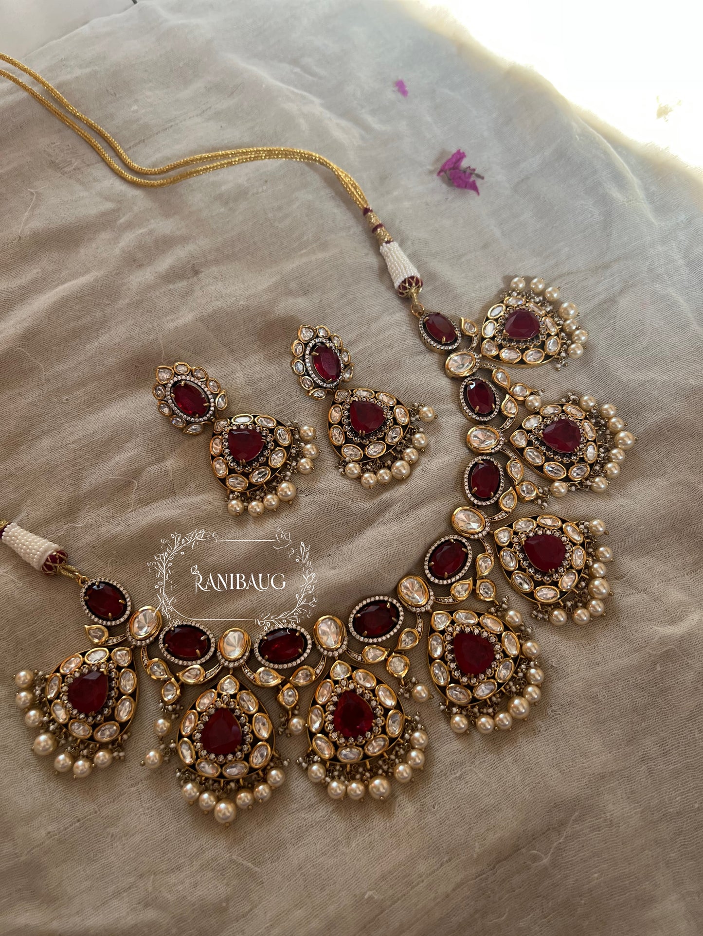 Sonakshi Bridal Royal Polki And Gemstone Jewelry Set With Pearl Fringes By Ranibaug