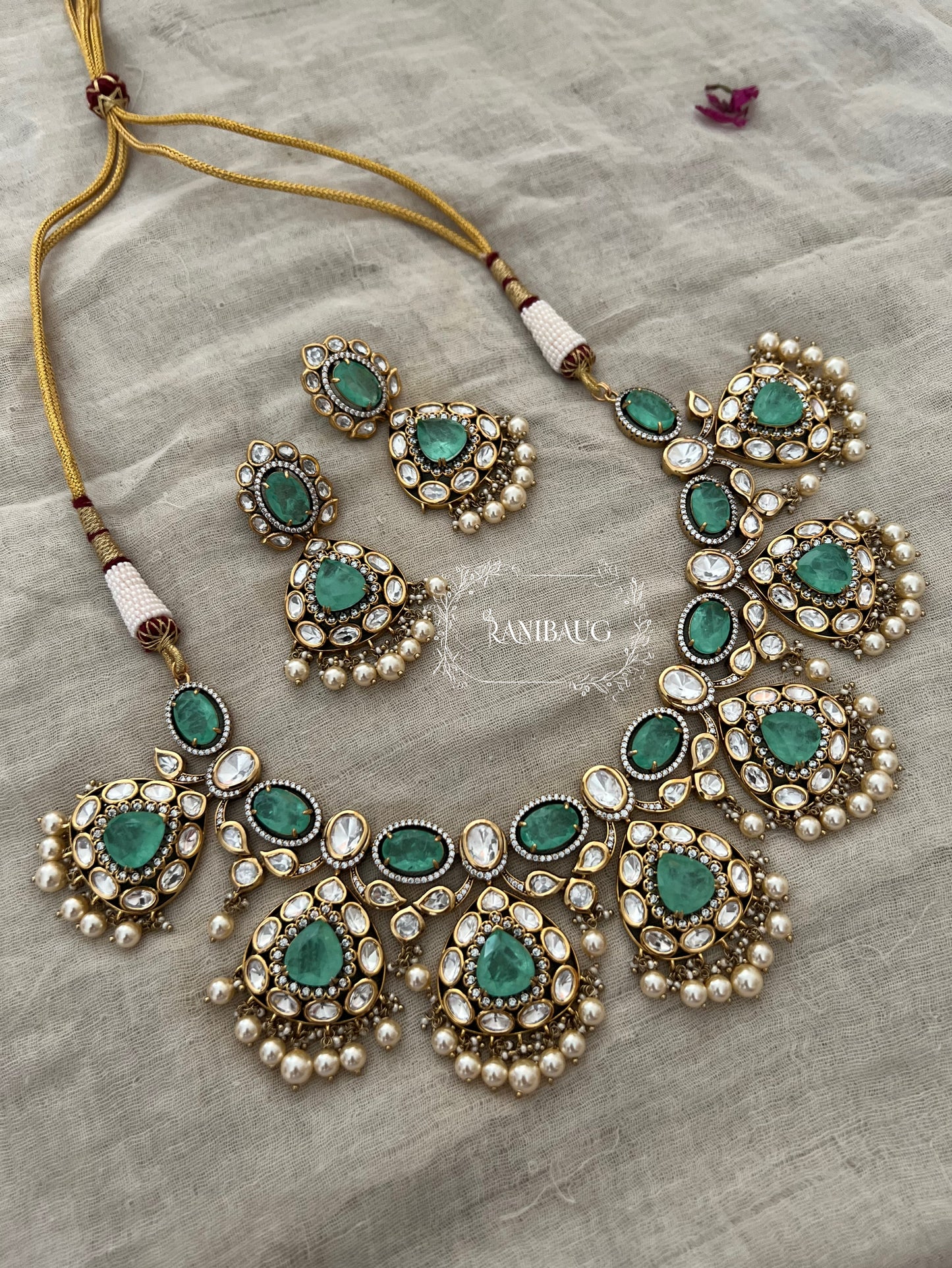 Sonakshi Bridal Royal Polki And Gemstone Jewelry Set With Pearl Fringes By Ranibaug