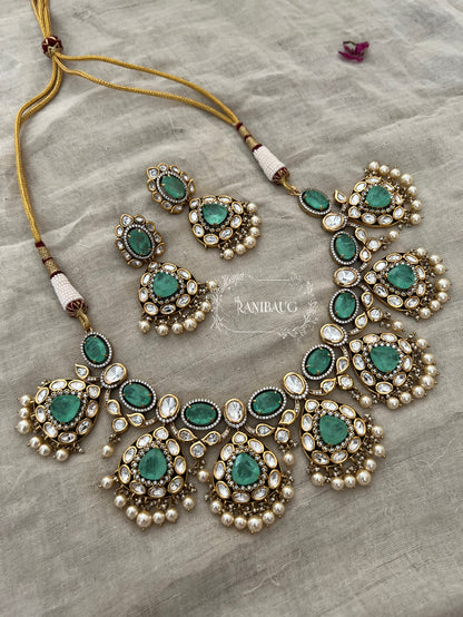 Sonakshi Bridal Royal Polki And Gemstone Jewelry Set With Pearl Fringes By Ranibaug