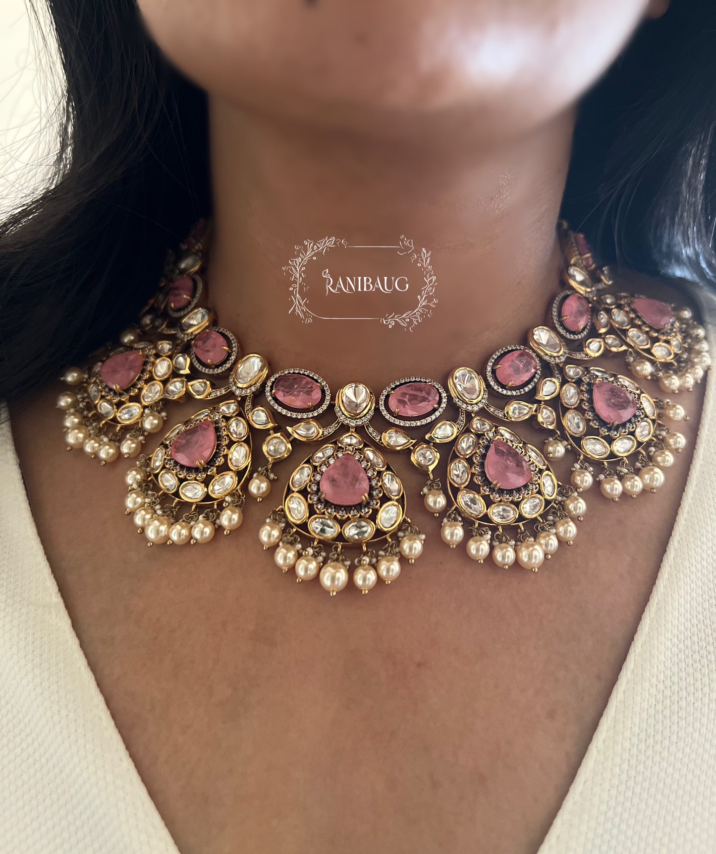 Sonakshi Bridal Royal Polki And Gemstone Jewelry Set With Pearl Fringes By Ranibaug